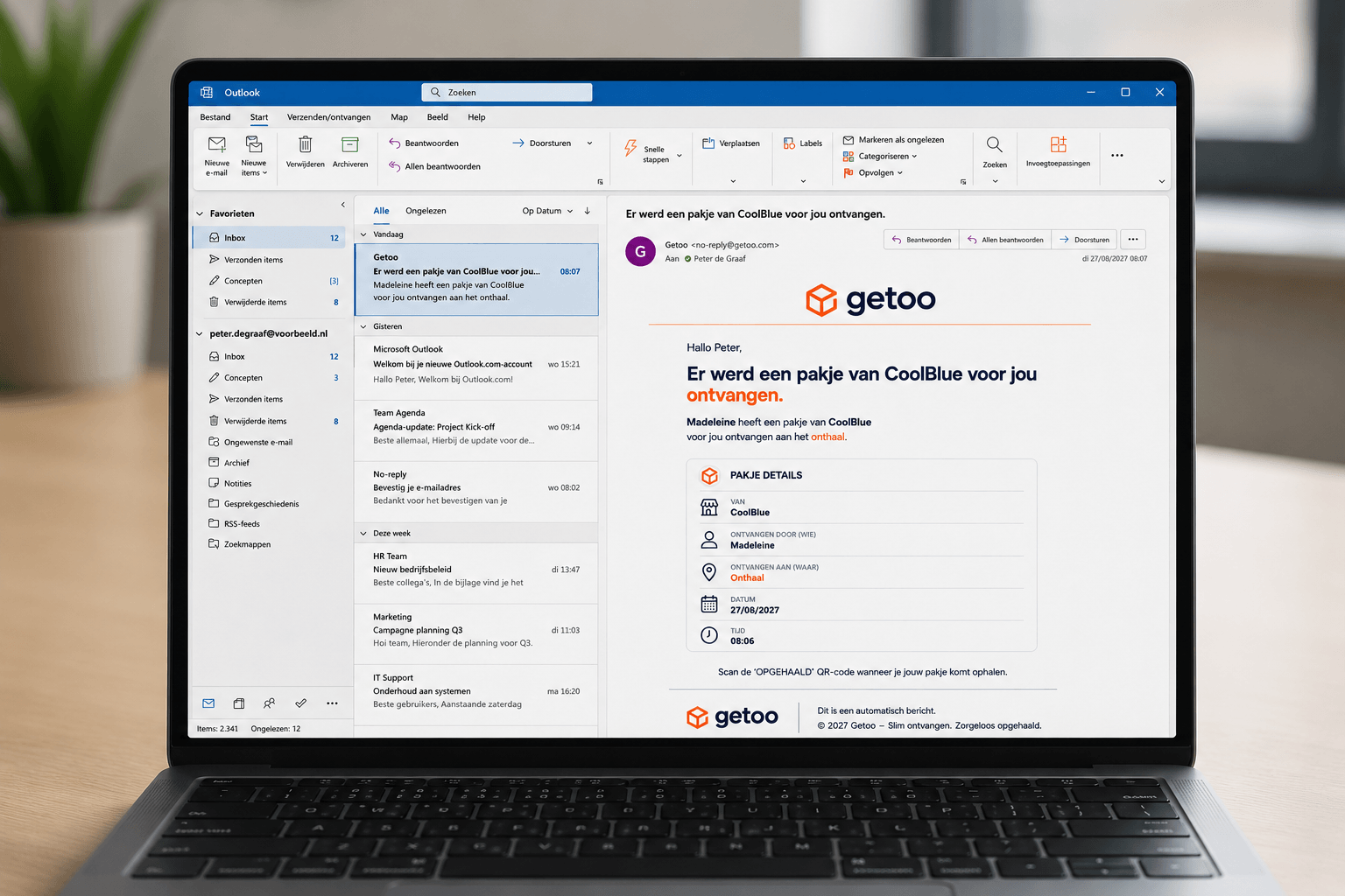 Peter ontvangt een automatische Getoo mail