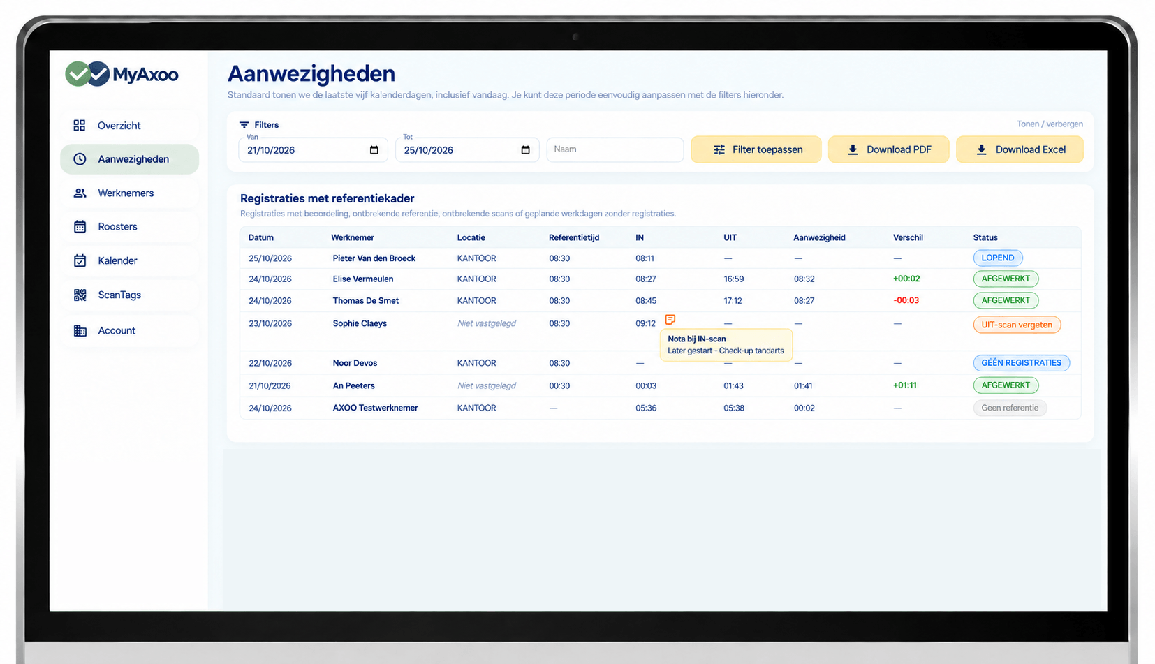 MyAxoo aanwezighedenoverzicht met verschillende registratiestatussen