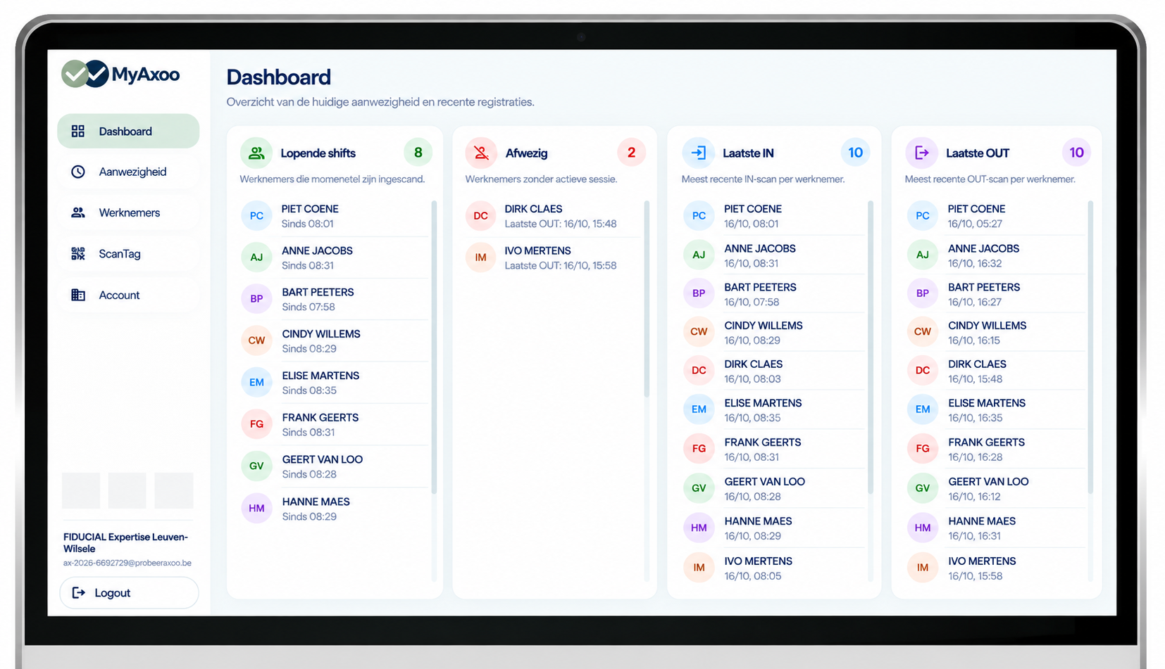 MyAxoo dashboard met lopende shifts, afwezigen en recente scans
