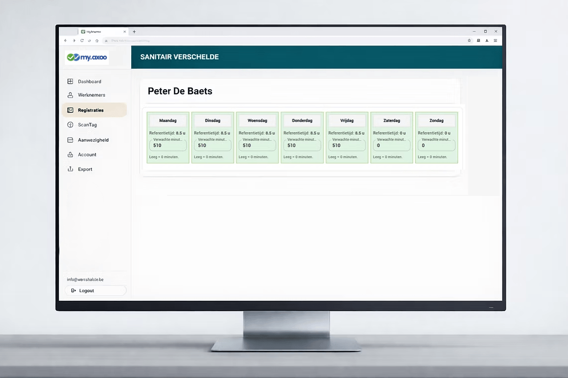 MyAxoo dashboard voor arbeidstijdregistratie en werknemersbeheer