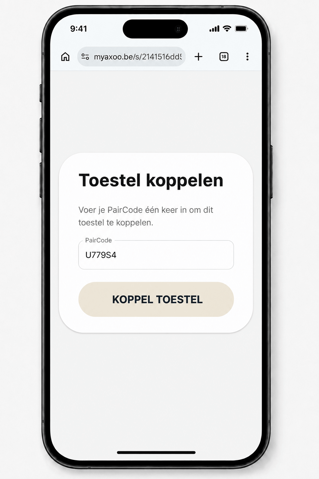 Stap 1: PairCode invoeren om de smartphone éénmalig aan Axoo te koppelen