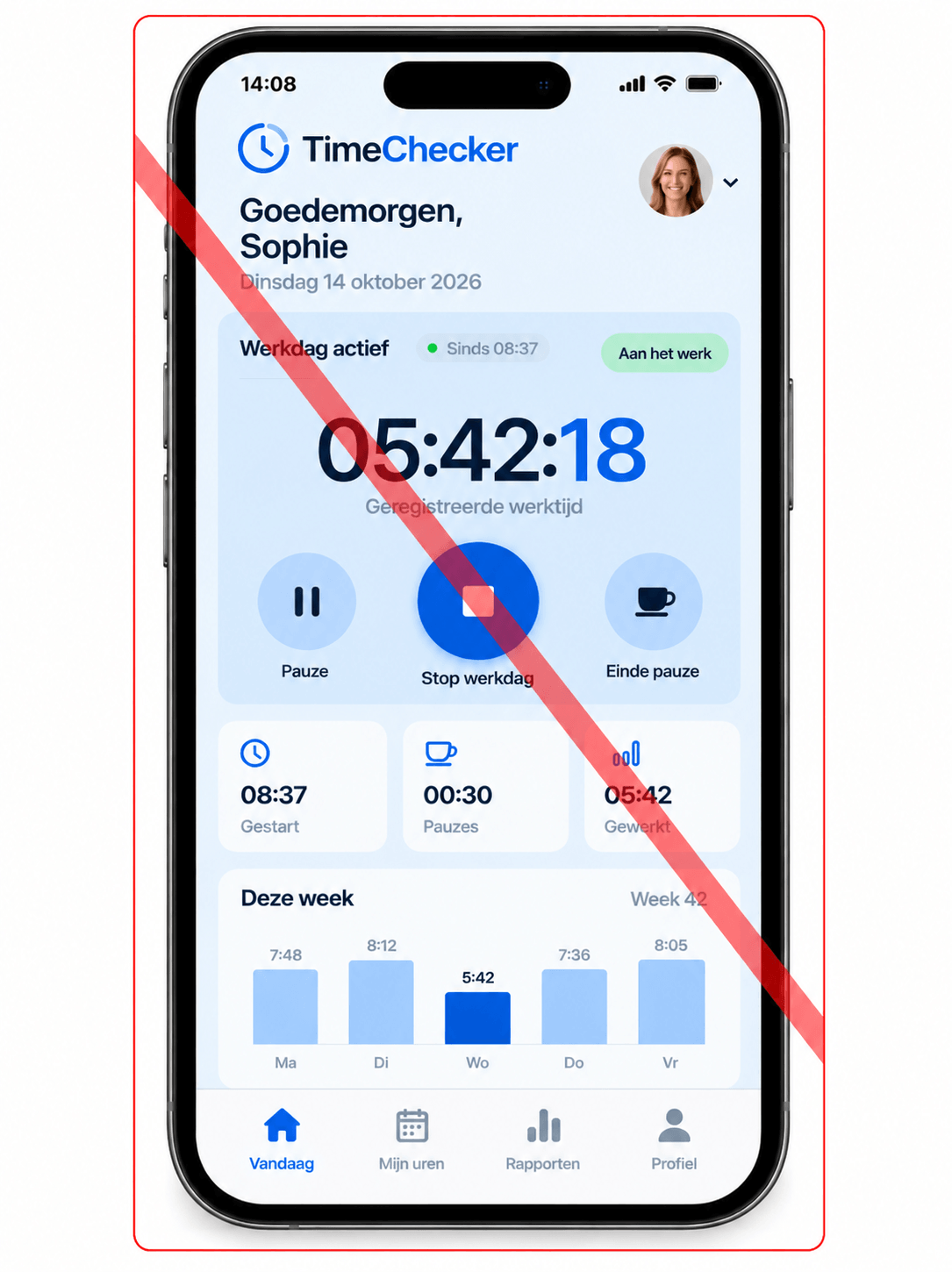 Fictieve TimeChecker-app met rode streep