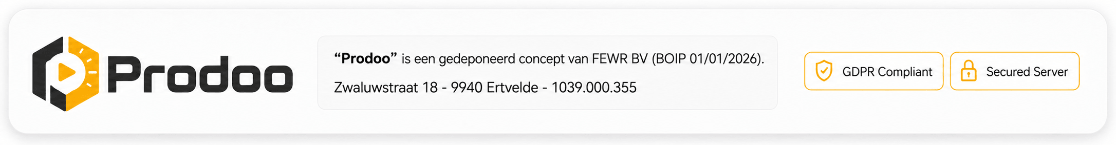 Prodoo footer met bedrijfsgegevens, GDPR Compliant en Secured Server