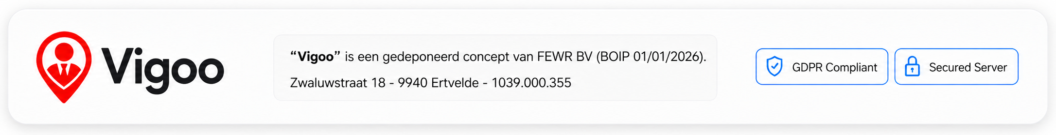 Vigoo footer met bedrijfsgegevens, GDPR Compliant en Secured Server