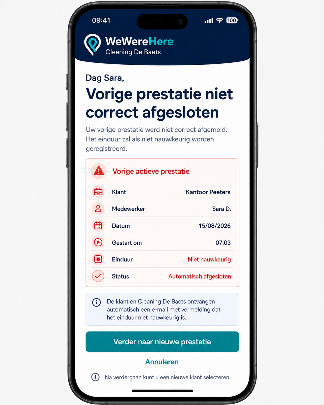 Vorige prestatie niet correct afgesloten
